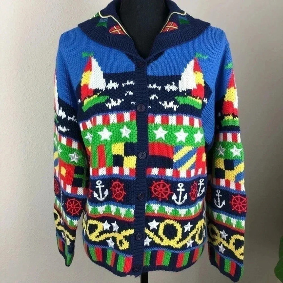Eagle’s Eye Women’s Sail Boat Themed Hand Knit Sweater Jumper Size Medium - Picture 1 of 16